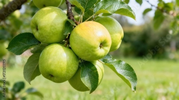 Fototapeta Fresh, vibrant green apples hang from a branch laden with leaves, bathed in natural sunlight.