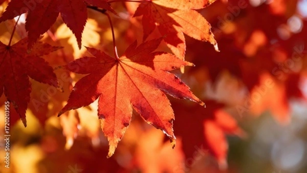 Fototapeta Vibrant autumn foliage showcases clusters of fiery maple leaves in warm, natural light.