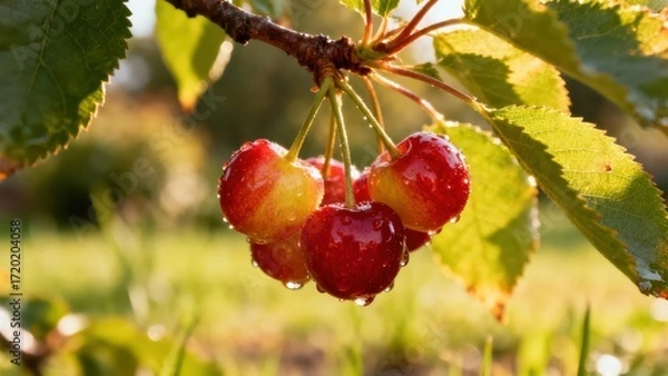 Fototapeta view of ripe cherries covered in dew drops hanging from a branch, bathed in sunlight.