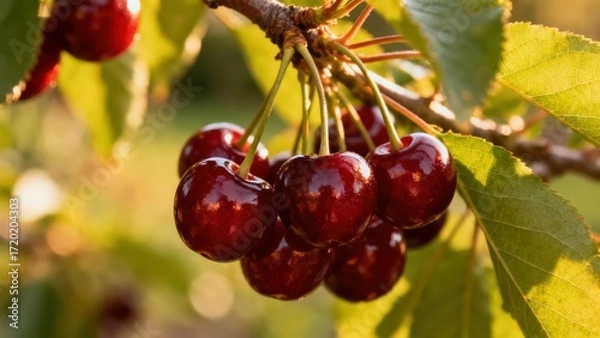 Fototapeta view of ripe cherries hanging from branches, glistening in the sunlight.