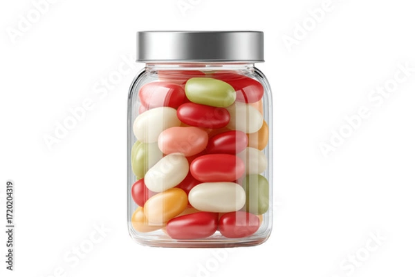 Fototapeta Colorful jelly beans in glass jar with silver lid, cut out