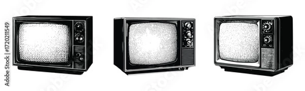 Obraz vintage halftone television vector illustration, retro photocopy effect television vector set with knobs, classic tv monochrome dotted style isolated on white background
