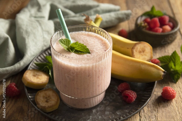 Fototapeta Refreshing banana raspberry smoothie with fresh mint for healthy living and summer enjoyment.