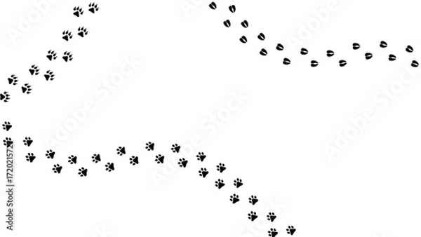 Fototapeta Paw vector foot trail print of cat. Dog, puppy silhouette animal diagonal tracks for t-shirts, backgrounds, patterns, websites, showcases design, greeting cards, child prints and etc.