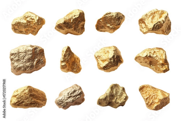 Fototapeta Collection of gold nuggets on black background displaying raw texture, cut out