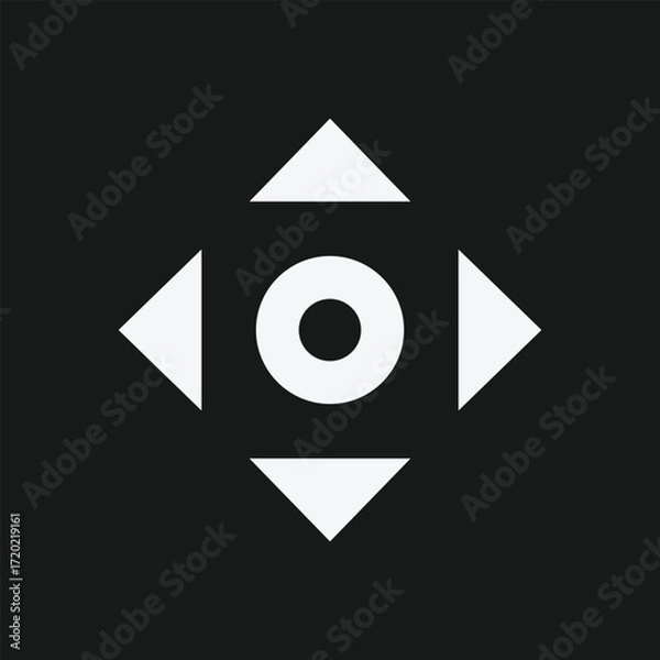 Fototapeta Geometric Compass Icon with Central Circle and Outward Triangles on Black Background, Minimalist Directional Symbol for UI Navigation, Graphic Design, and Abstract Interface Elements