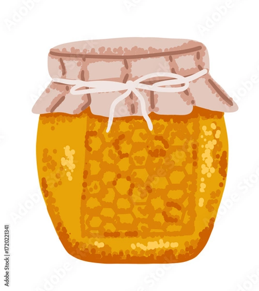 Fototapeta Glass jar with honey syrup in hand drawn flat style