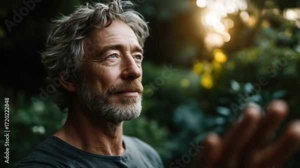 Obraz Capturing moments in slow motion as light filters through the trees in a peaceful garden setting during golden hour