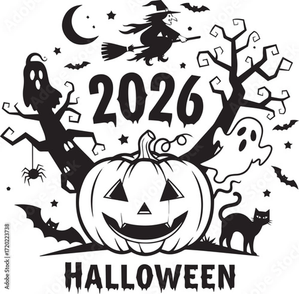 Obraz Halloween 2026 Celebration, Spooky Cartoon Illustration with Pumpkin, Ghost, Witch, and Haunted Trees