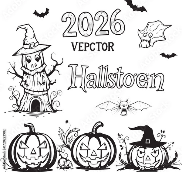 Obraz Spooky Treehouse Halloween 2026, Black and White Vector Illustration with Pumpkins, Witch Hat, and Ghostly Detail