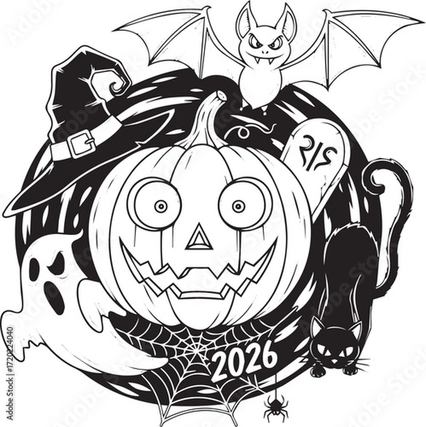 Obraz Classic Halloween 2026,Black and White Illustration with Pumpkin, Ghost, Cat, and Spooky Web Details