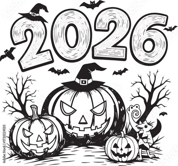 Fototapeta Halloween 2026 Spooky Scene, Black and White Illustration with Pumpkins, Witch Hats, Haunted Trees, and Cartoon Character