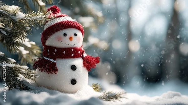 Obraz cute snowman with red scarf and hat near christmas tree in snow for holiday greetings banner