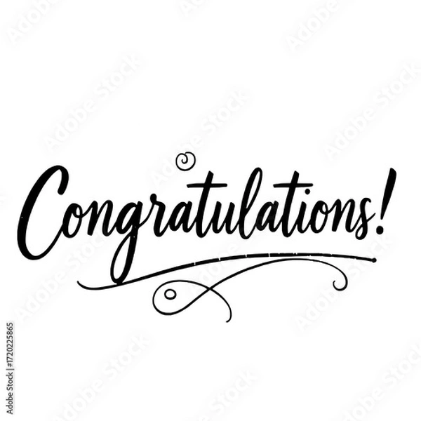 Fototapeta Handwritten Congratulations Text with Decorative Swirls: Black Ink on White Background