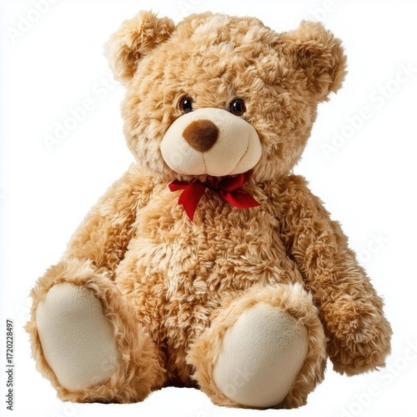 Fototapeta Adorable Plush Teddy Bear with Red Bow , PNG isolated cut out image
