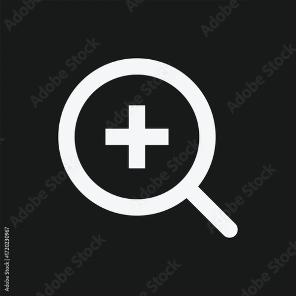 Fototapeta Zoom In Icon Featuring White Magnifying Glass with Plus Sign on Black Background, Minimalist UI Symbol for Digital Navigation, Enlargement, and Interface Design