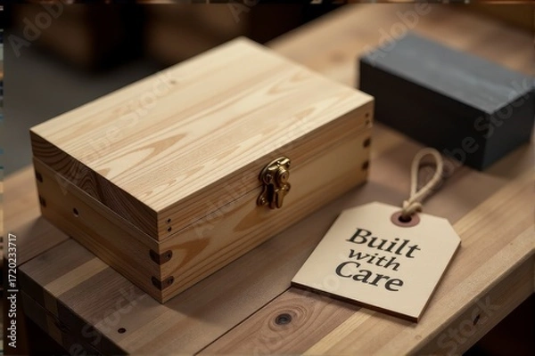 Fototapeta A handcrafted wooden box with a Built with Love tag placed on a wooden surface.