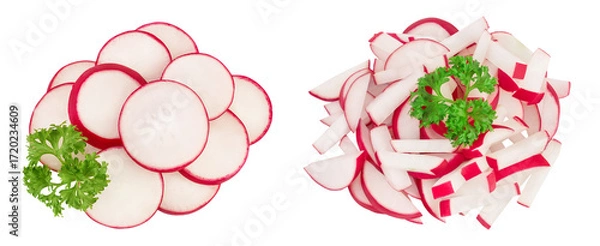 Fototapeta Radish slices isolated on white background. Top view. Flat lay