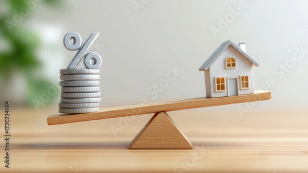 Fototapeta The delicate financial equilibrium between housing prices and mortgage interest rates, conceptualized by a balanced seesaw with a home and money