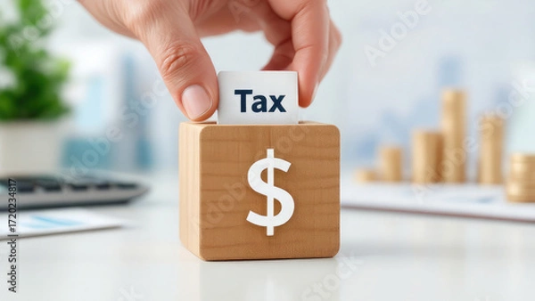 Fototapeta Financial planning and tax management A hand places a 'Tax' block into a dollar sign cube, symbolizing fiscal responsibility, income, and business finances