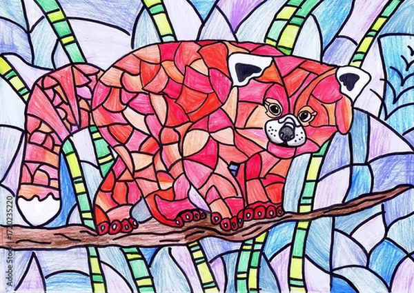 Fototapeta A red panda standing on a branch. Stained glass sketch. Children's drawing
