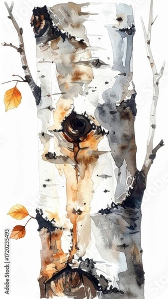 Obraz Watercolor Painting of an Isolated Birch Tree Trunk with Orange Leaves on White Background Art Illustration