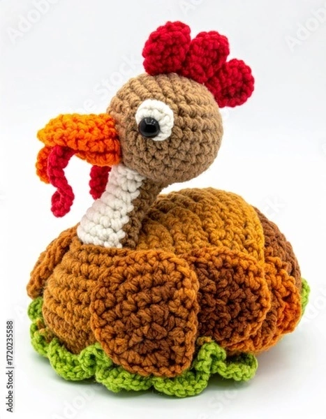 Obraz Handcrafted Crochet Turkey with Red Accents on a White Surface Perfect for Thanksgiving Decoration