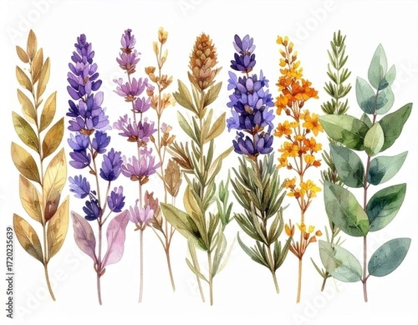 Obraz Watercolor Assortment of Lavender Orange and Green Sprigs on White Background