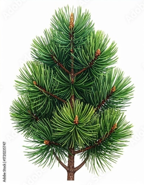Obraz Illustration of Small Evergreen Tree with Needle Leaves and Brown Trunk on White Background Vector Graphic