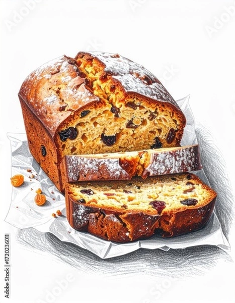 Obraz Golden Raisin Bread Loaf Sprinkled with Sugar Slices on White Parchment Paper