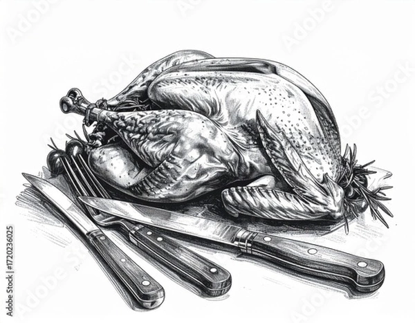 Obraz Monochrome Roasted Chicken on Platter with Carving Set in Cross Hatching