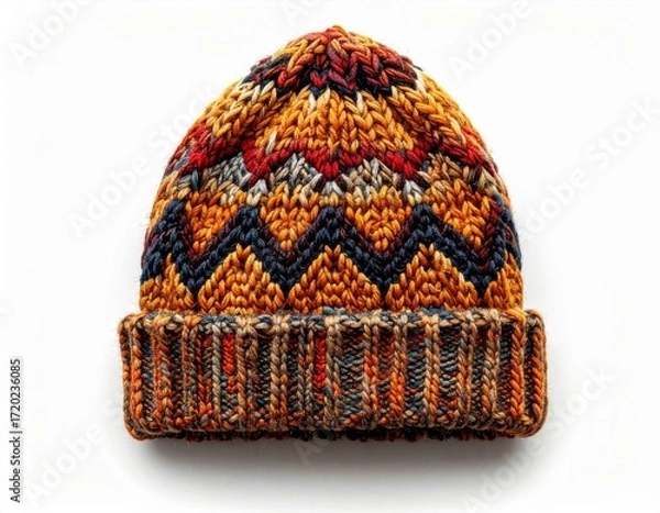 Obraz Colorful Knitted Beanie Hat with Zigzag Pattern on White Background for Winter Style and Warmth Isolated