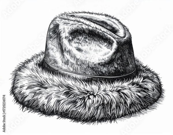 Obraz Monochrome Illustration of a Textured Fur Hat with Brim and Rounded Crown on a White Background
