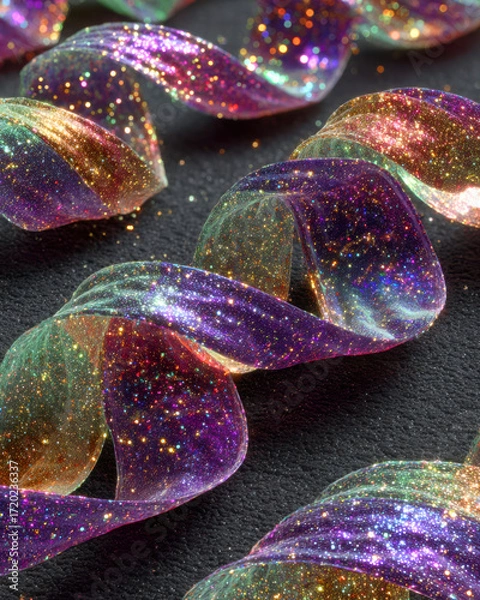 Fototapeta Sparkling curly tinsel streamers iridescent highlights