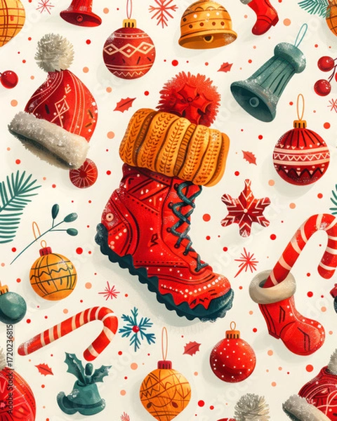 Fototapeta Festive christmas boot stocking and ornaments