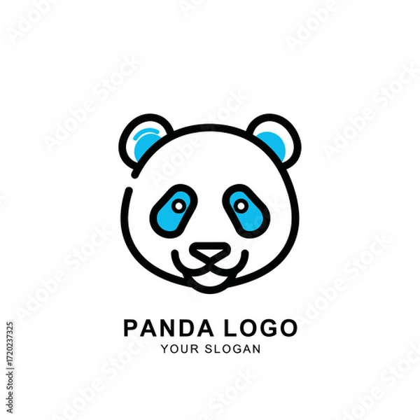 Fototapeta A cute and simple panda head logo with black outlines and bright blue accents, presented as a customizable template.