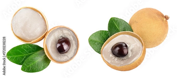 Fototapeta Fresh longan fruit with leaves isolated on white background. Top view. Flat lay