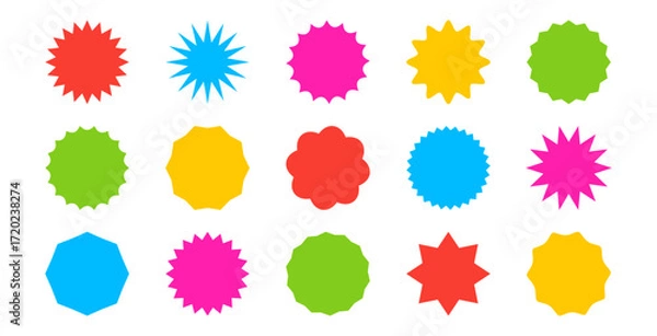 Fototapeta Shape star sticker icon, sun burst label. Circle bubble colorful badge. Retro price tag, sale round banner, discount stamp, abstract empty coupon set isolated on white bg. Simple vector illustration