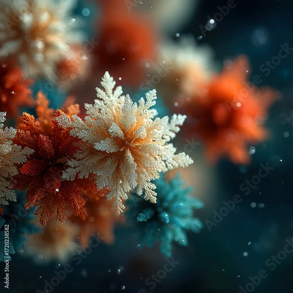 Fototapeta Beautiful snowflake clusters radial symmetry close up