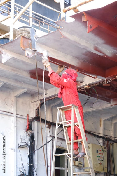 Fototapeta Repairman on ladder is spraying primer white color on steel ceiling inside of engine room at the stern of oil tanker ship
