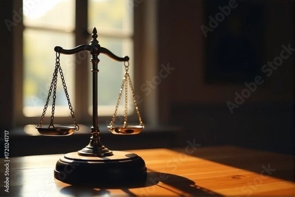 Fototapeta A closeup of scales of justice on a desk representing legal balance and fairness.