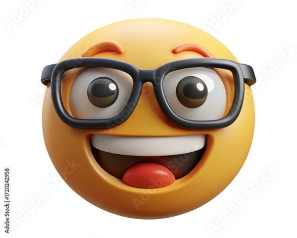 Fototapeta Joyful nerd emoji character with glasses expressing happiness and excitement for communication or social media use 3d illustration isolated on transparent background
