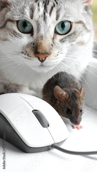 Obraz A cat and mouse on a computer mouse