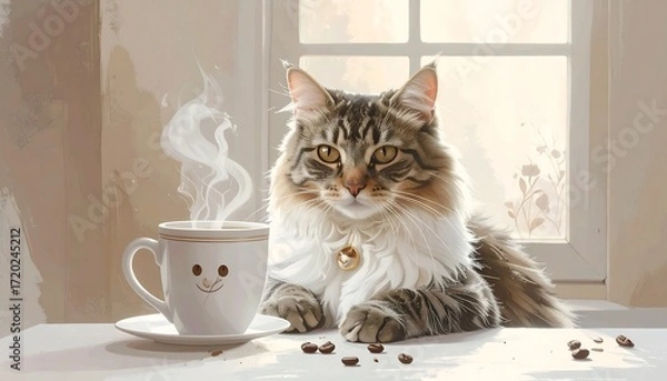 Fototapeta A cat enjoying coffee by a window