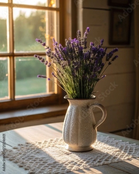 Fototapeta Arranging fresh lavender stalks in a vintage ceramic vase on a lace-covered table for a charming home decor scene