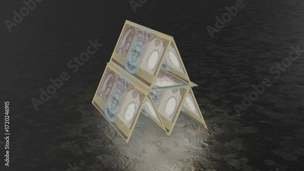 Fototapeta A fragile pyramid-shaped house of cards built with Nepal 10 Rupees notes, representing financial risk, instability, and economic uncertainty.