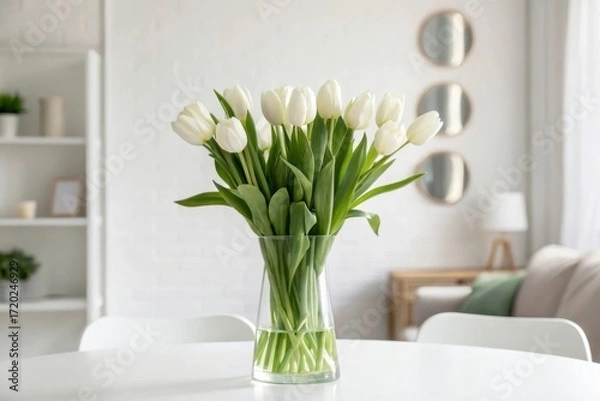 Fototapeta Displaying fresh white tulips in a transparent vase on a minimalist white table within a scandinavian-inspired interior for a clean and airy atmosphere