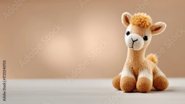 Fototapeta Cute stuffed llama toy sitting on a table with soft background  
