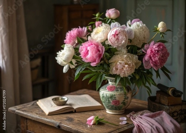 Fototapeta Arranging fullbloom peonies in shades of pink and white in a short round wooden vase for elegant floral decor in a cozy home environment