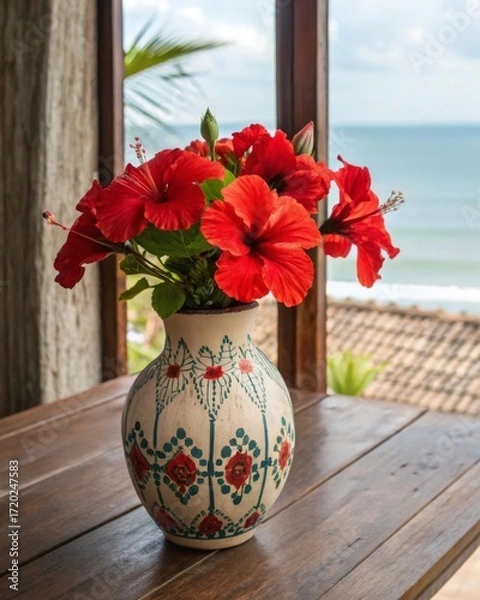 Fototapeta Arranging large red hibiscus flowers in a handpainted pottery vase on a tropical wooden table artistic still life lush indoor environment close-up viewpoint vibrant floral concept